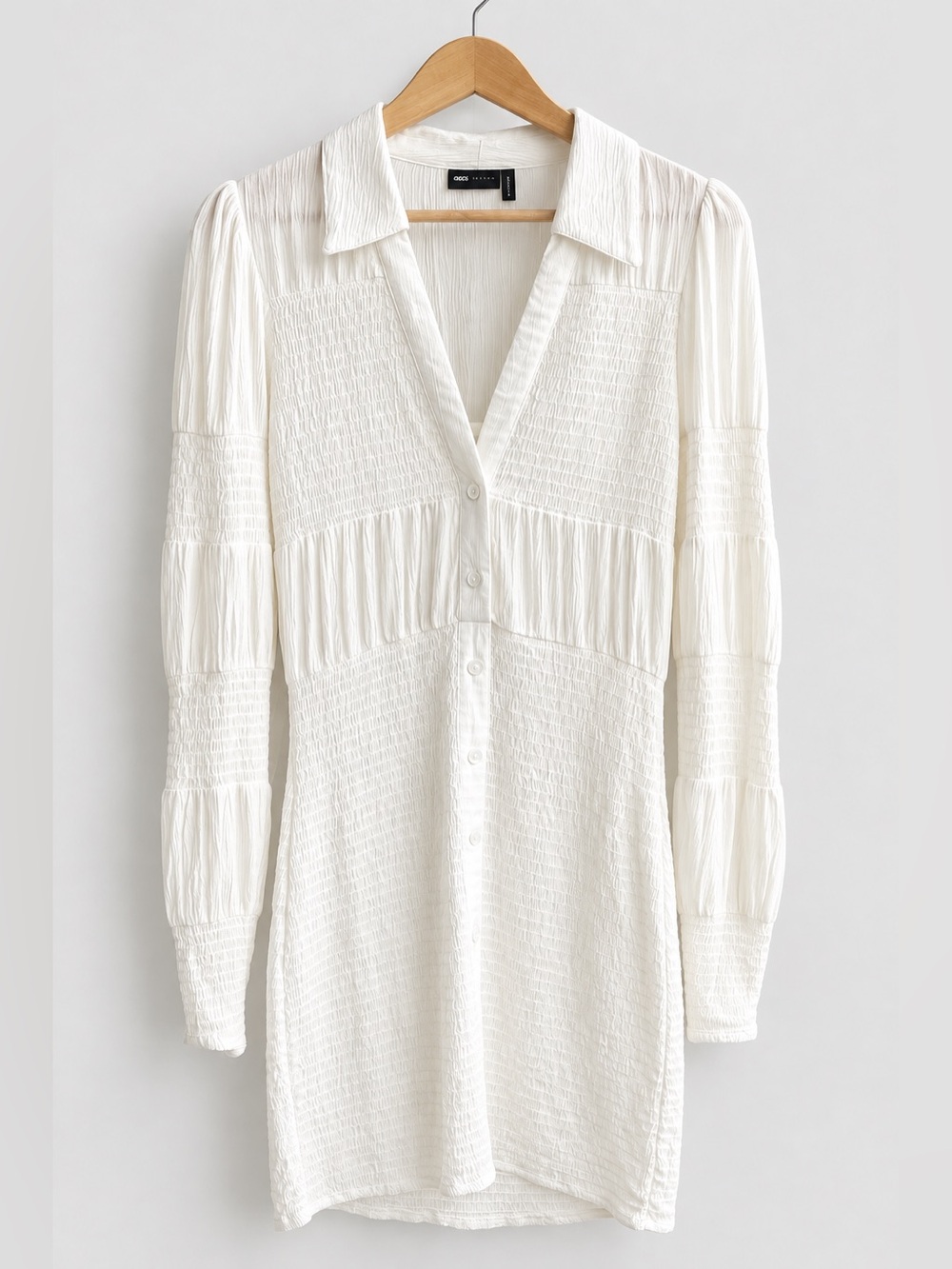 ASOS DESIGN White Smocked Button Front Long Sleeve Mini Shirt Dress